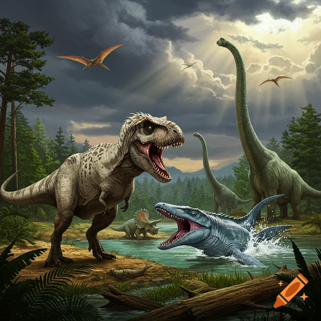 Dinosaurs in a prehistoric landscape, including a T-Rex, Mosasaurus, Brontosaurus, and Triceratops near a lake under a dramatic sky.