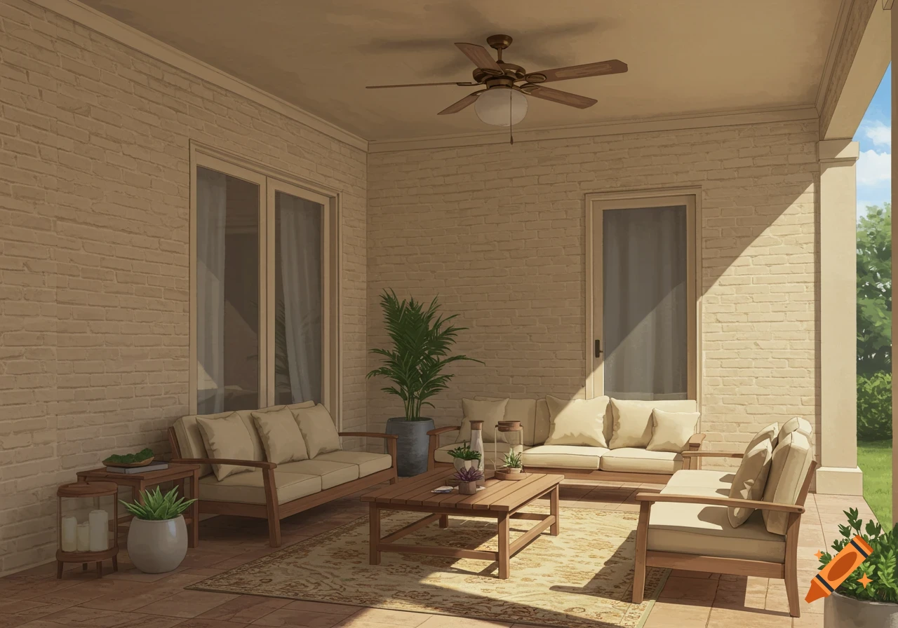 A sunlit outdoor patio with lounge furniture, a coffee table, plants, and a ceiling fan.