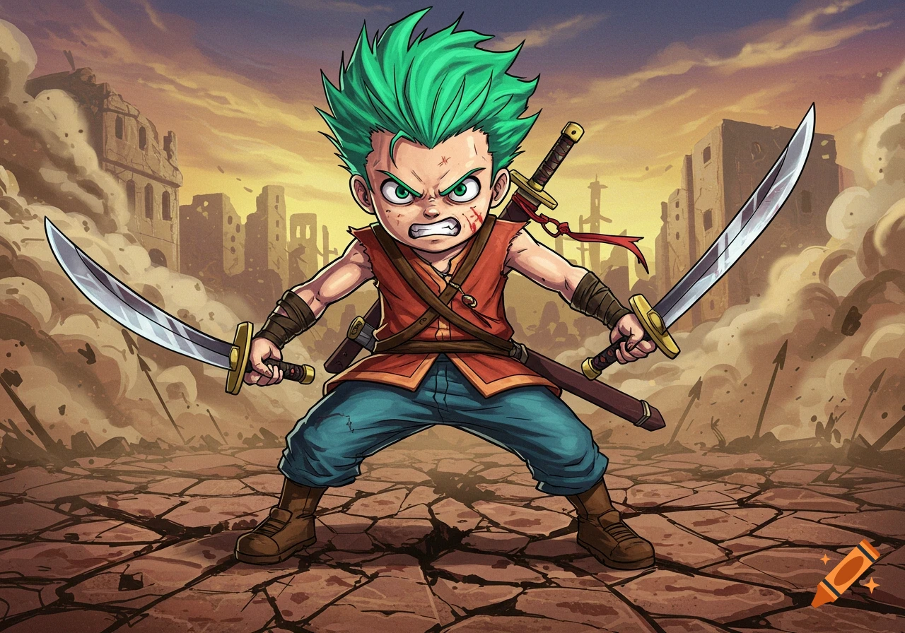 Cartoon style illustration of an angry green-haired boy wielding two swords in a ruined city.
