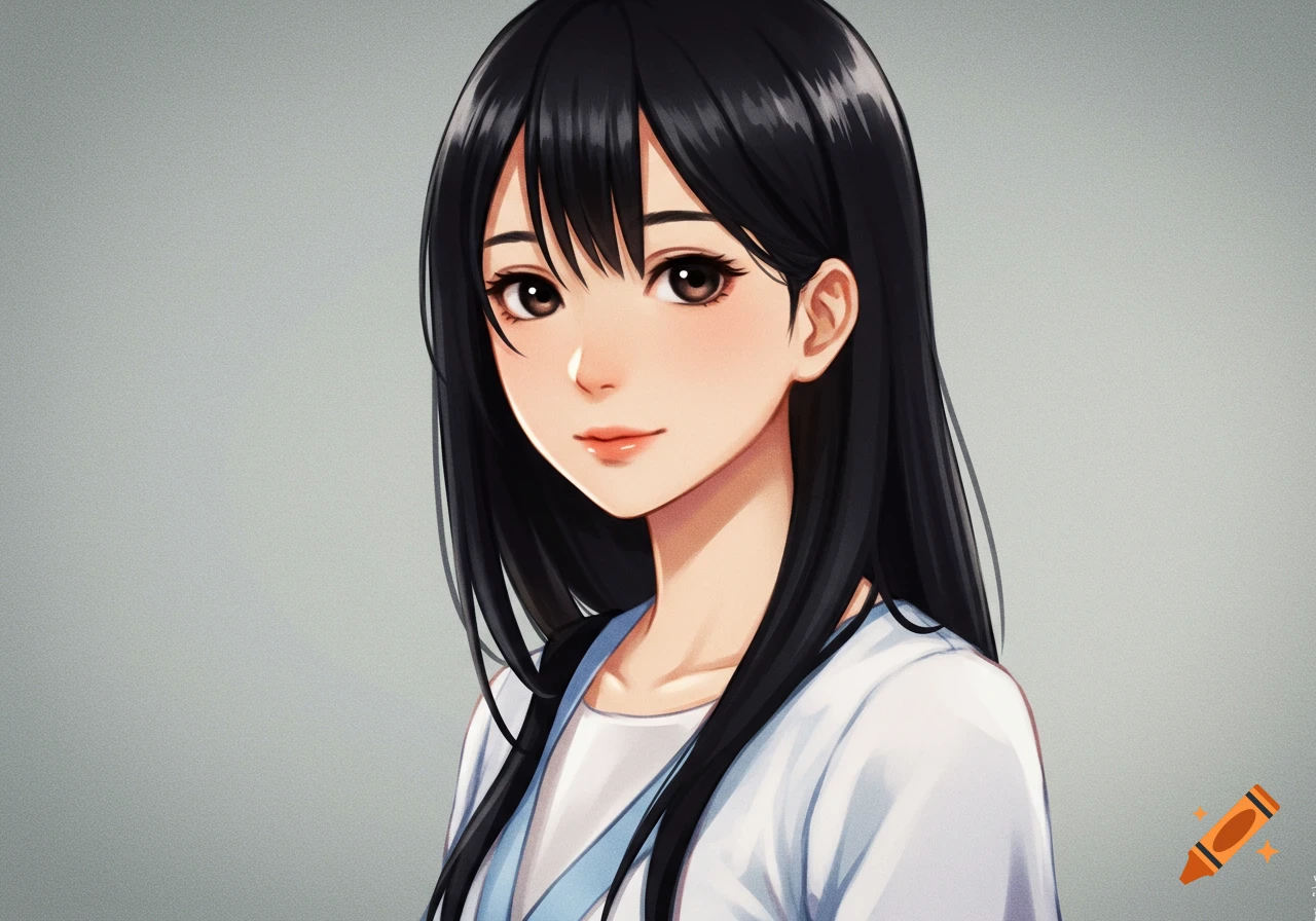 Anime portrait of a young woman with long black hair and brown eyes ...