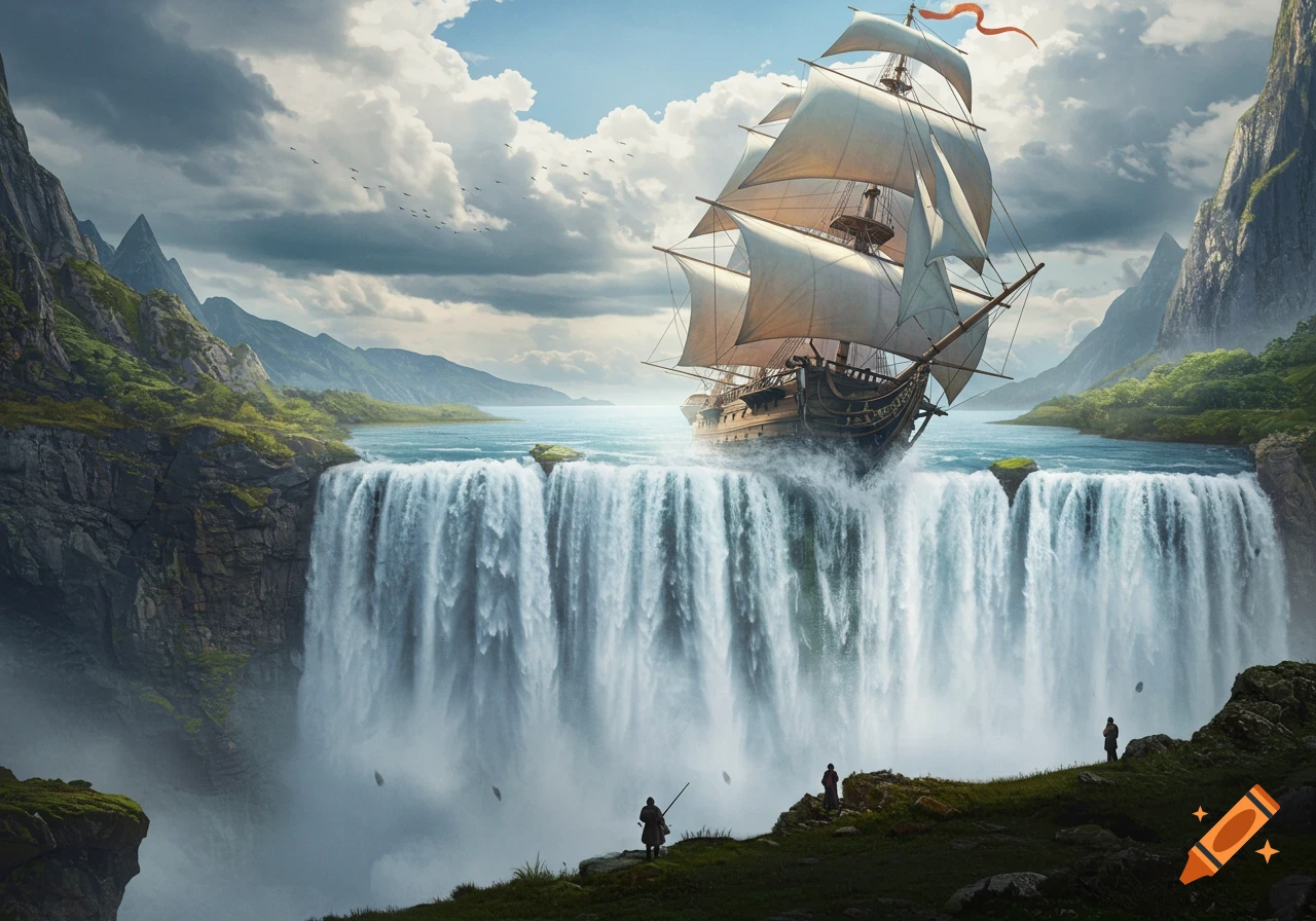 A large sailing ship on the edge of a massive waterfall overlooking a fantasy mountainous landscape, with small figures watching.