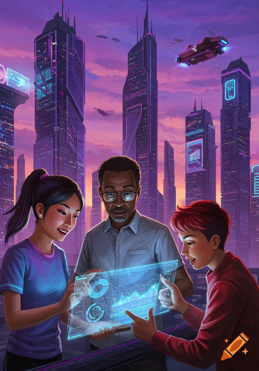 Three people look at a glowing holographic screen displaying charts in a futuristic city.