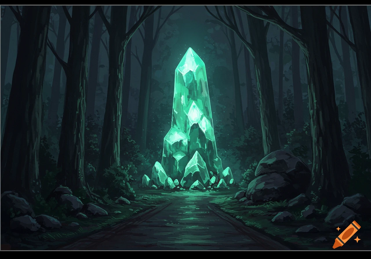 A path leads through a dark forest towards a large glowing green crystal formation.