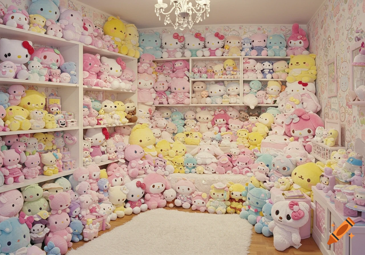 A room packed floor to ceiling with many colorful plush toys, including Sanrio characters.