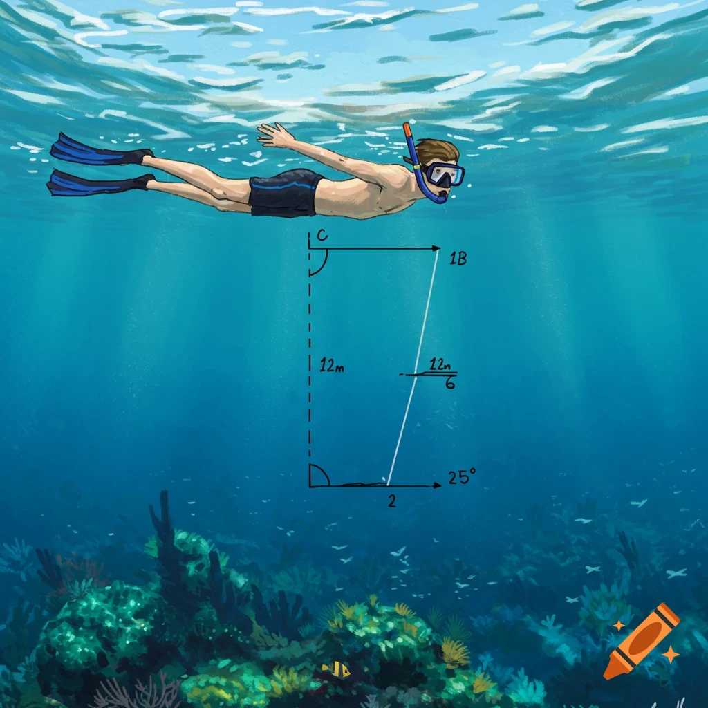 A snorkeler swims above a coral reef with a diagram overlaid showing depths and angles.