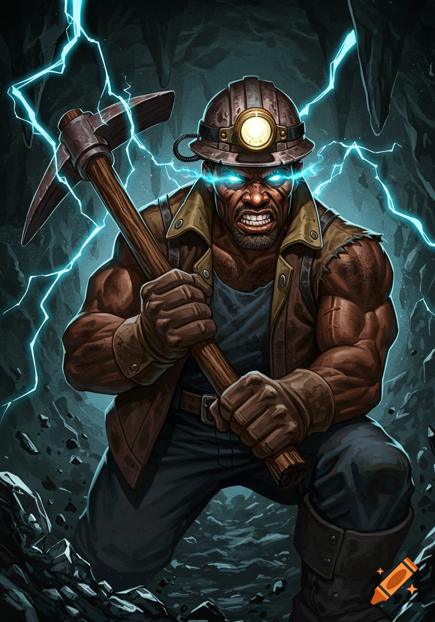 Muscular miner with glowing eyes and lightning holds a pickaxe in a dark mine. Stylized illustration.