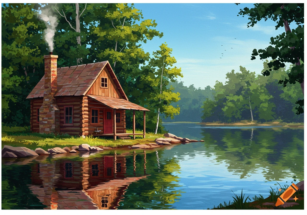 Illustrative painting of a log cabin by a lake with trees and smoke from the chimney.