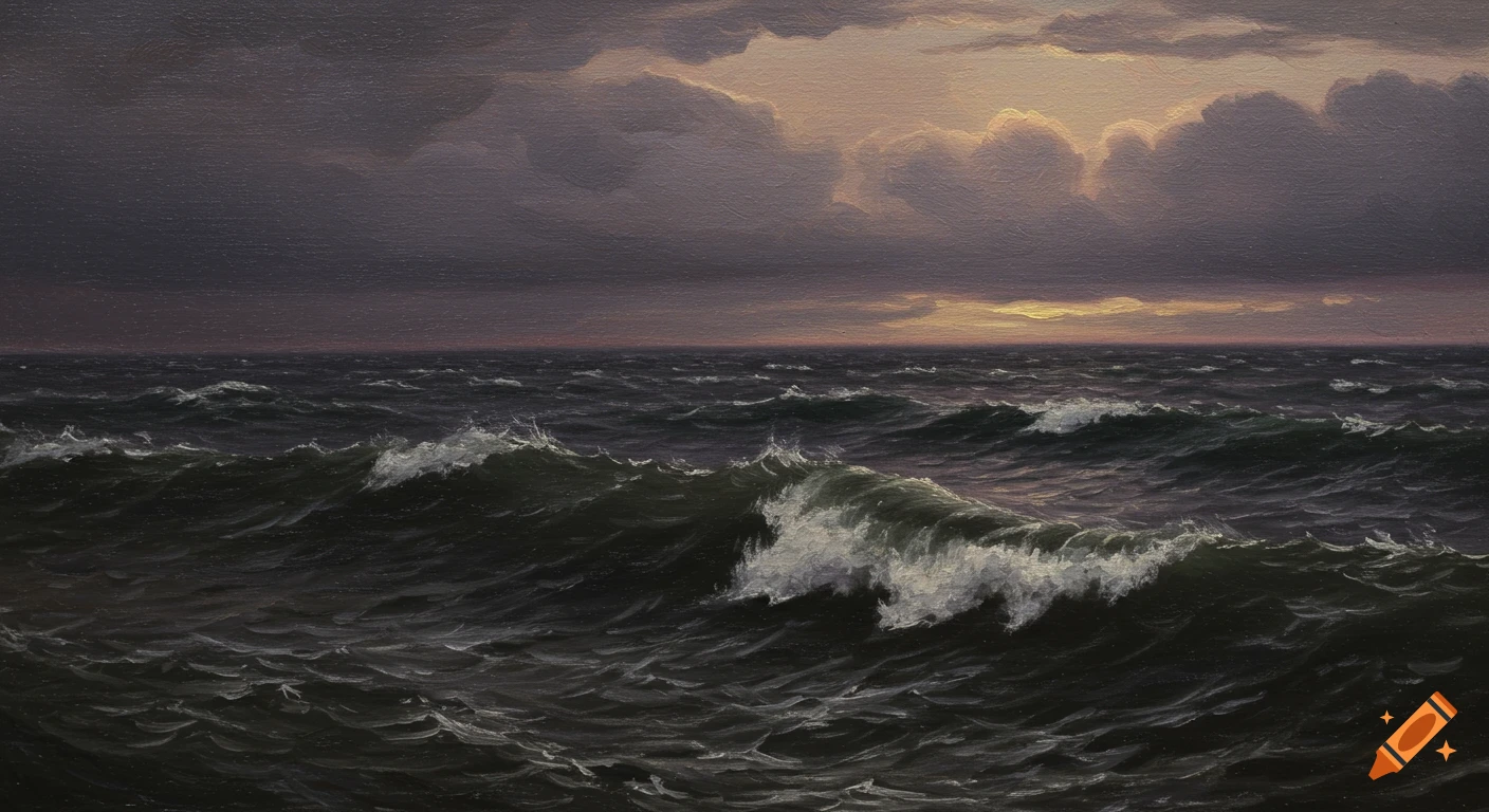 Oil painting of a dark stormy sea with large waves under cloudy sky.
