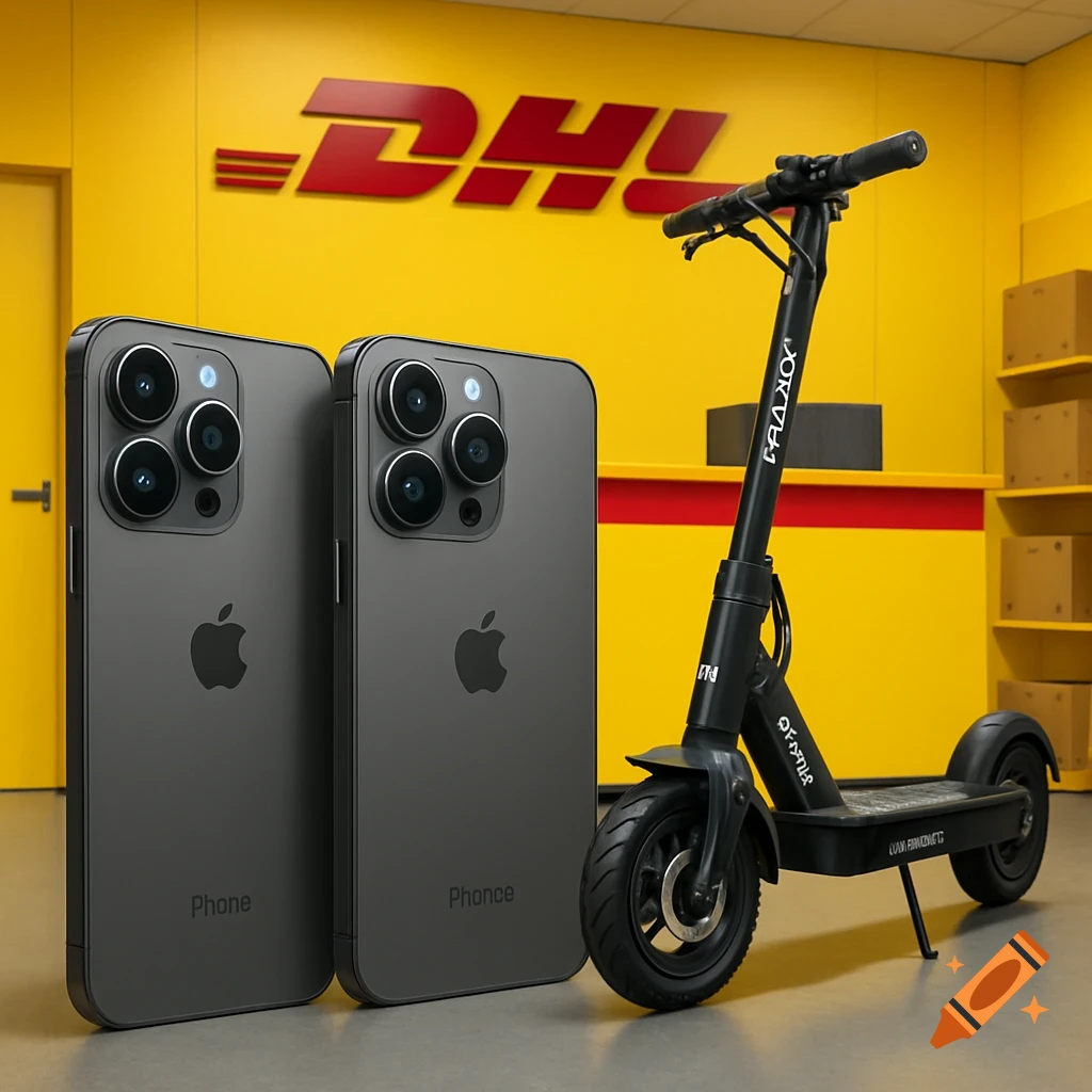 Two smartphones resembling iPhones and an electric scooter in a DHL store.