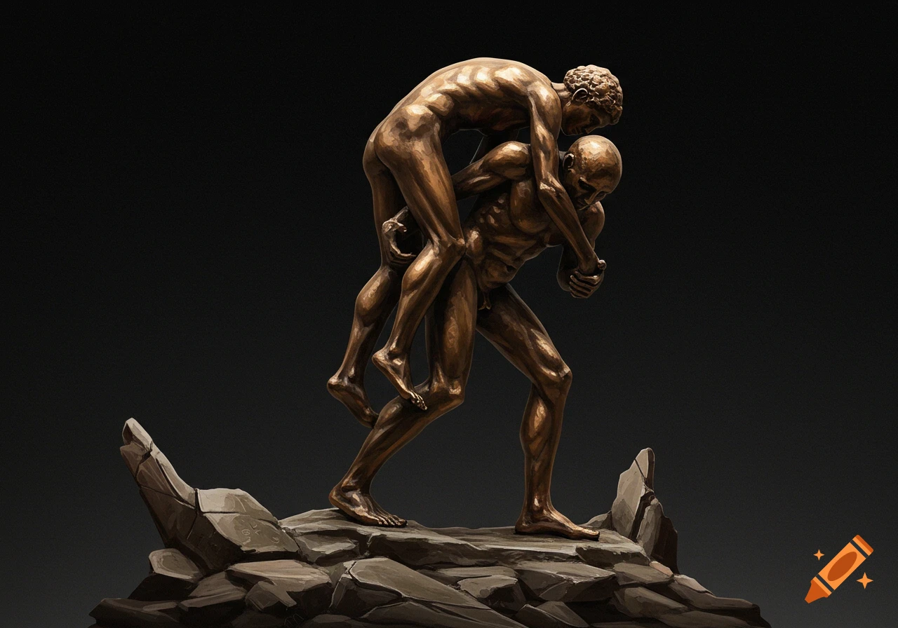 Bronze sculpture of one person carrying another on their back, standing on rocks.