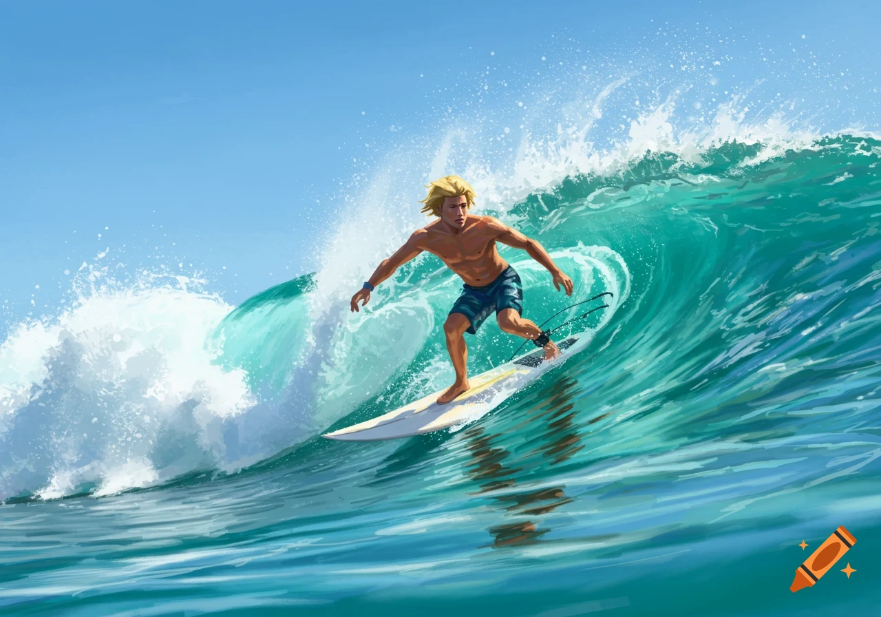 Blonde surfer rides a large wave in a detailed illustration.