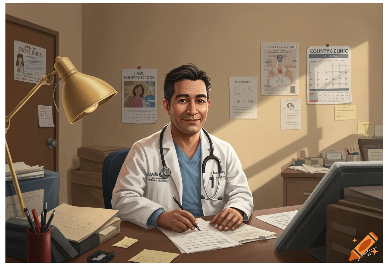 Illustration of a male doctor sitting at a desk in an office, writing on paper with a pen and stethoscope around his neck.