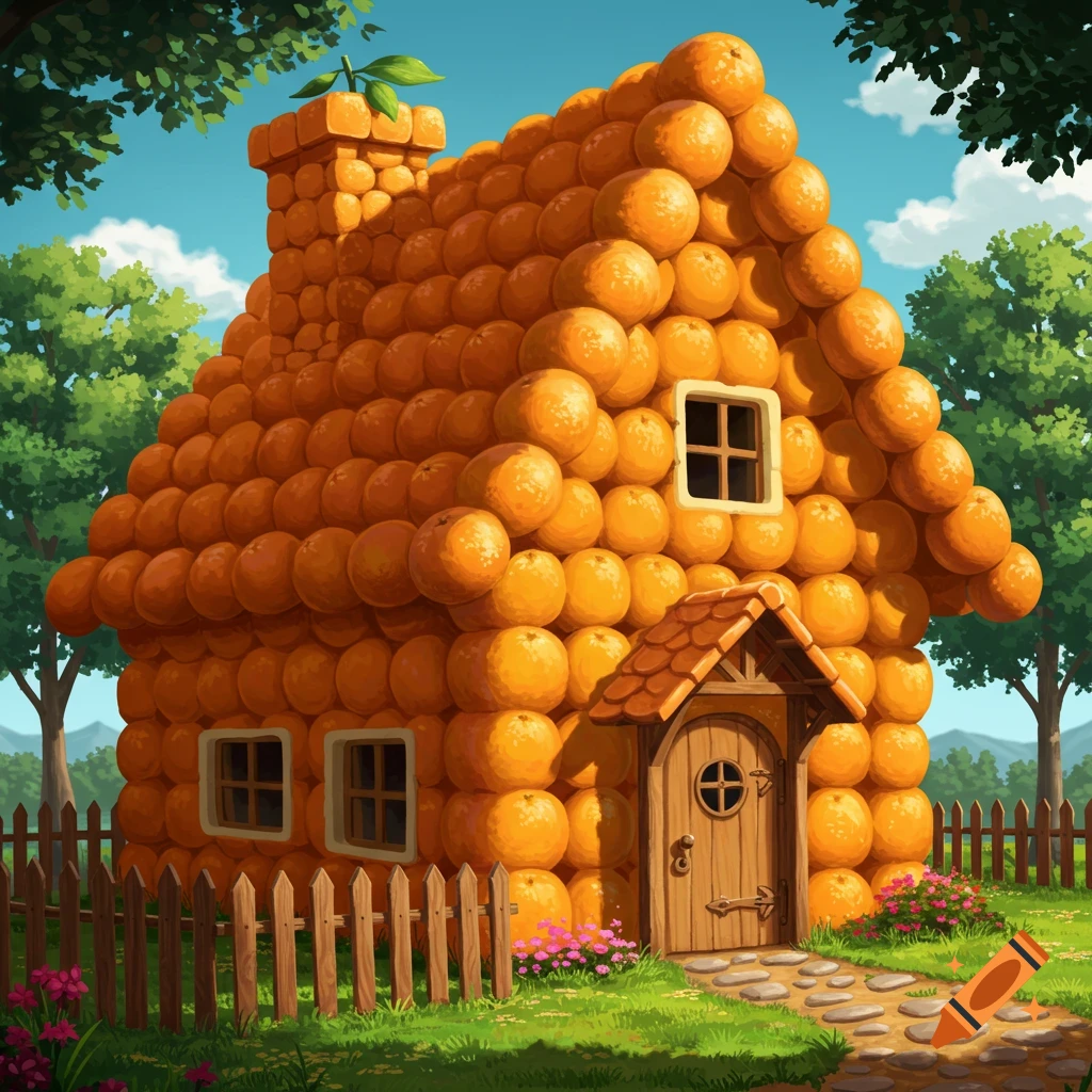 A whimsical house made of oranges stands in a sunny garden with a stone path and wooden fence.
