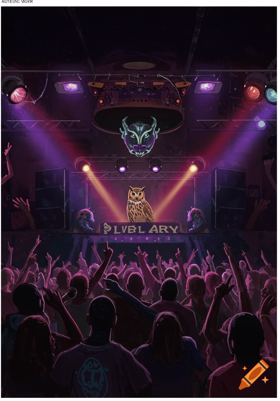 An owl stands behind a DJ booth on a stage illuminated by purple lights, performing for a crowd of silhouetted dancers at a rave.
