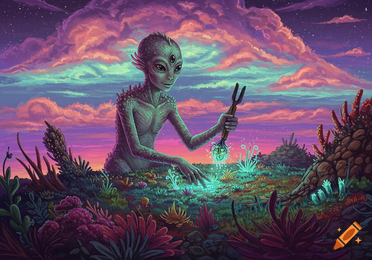 Three-eyed alien gardening on a colorful alien planet at night, psychedelic art style.