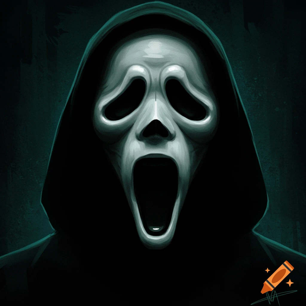Digital illustration of the Ghostface mask from the Scream movie franchise.