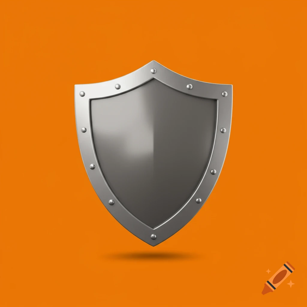 A 3D render of a silver shield icon on an orange background.