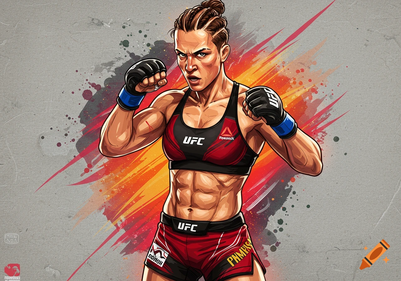 Stylized illustration of a female MMA fighter in a fighting pose against a colorful background.