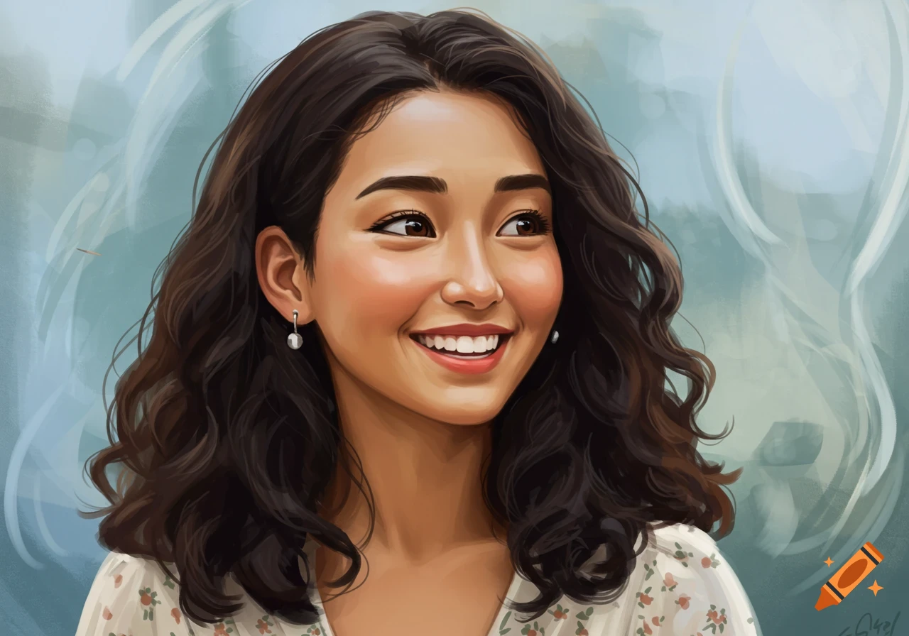 Digital painting of a smiling woman with dark curly hair and pearl ...