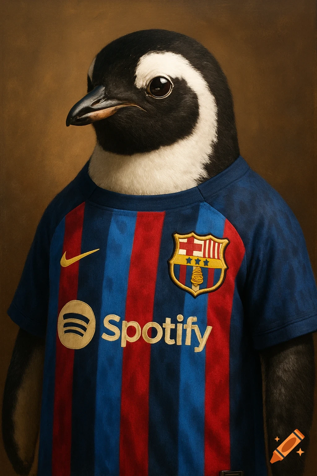 Photorealistic portrait of a penguin wearing an FC Barcelona football jersey