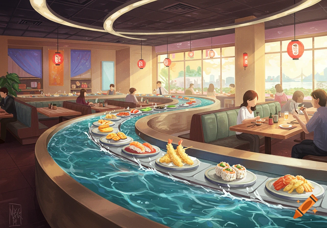 Illustrated view of a sushi restaurant with a water conveyor belt carrying food past seated customers.