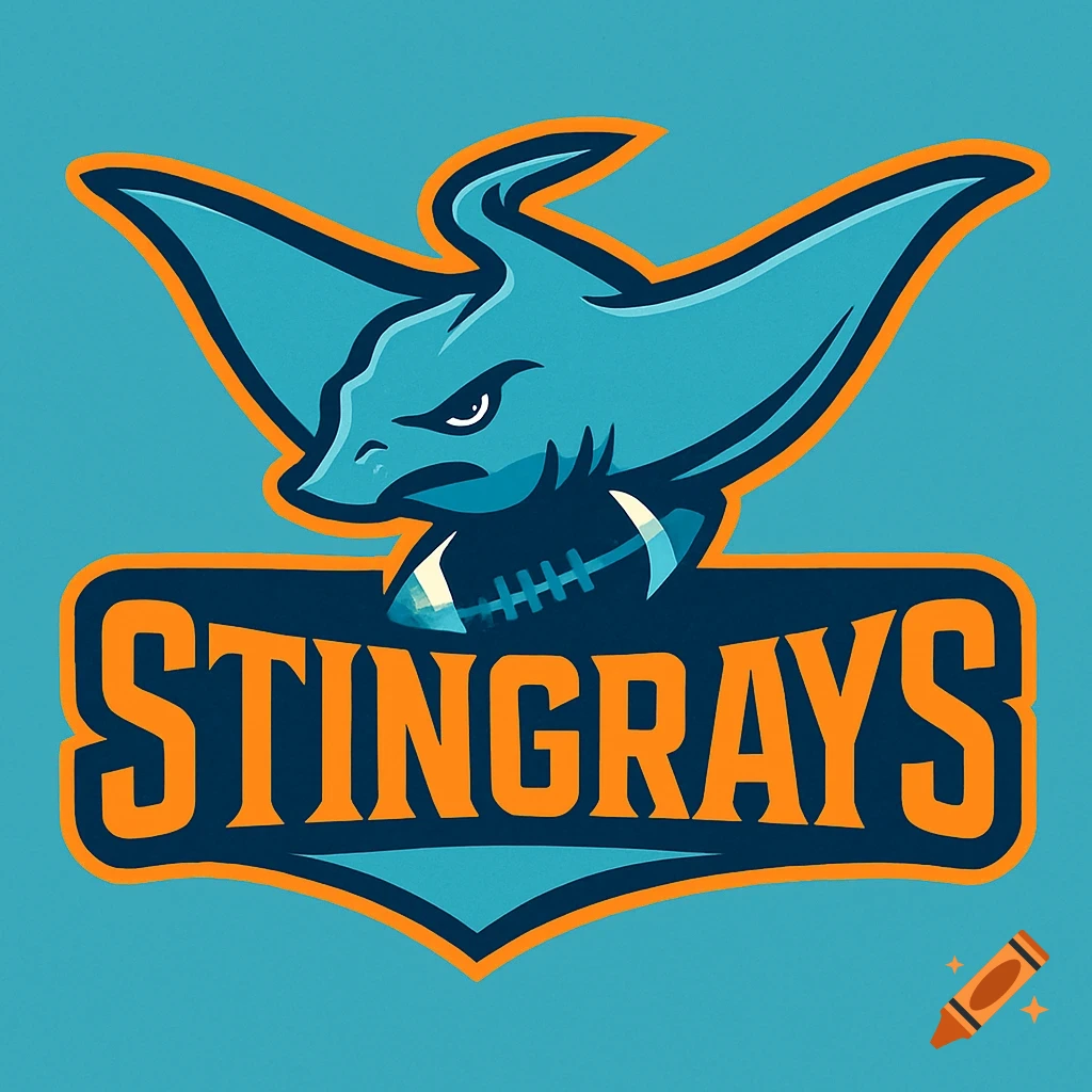 Stylized sports logo with a cyan stingray holding an American football above a banner reading STINGRAYS in orange text. Cyan and orange colors.