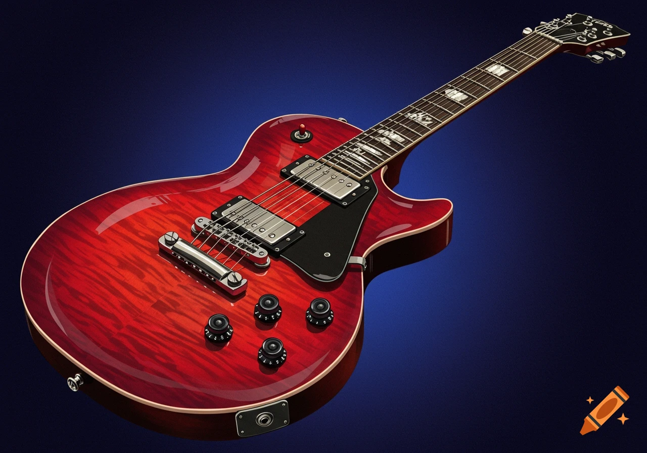 Red electric guitar with wood grain texture on a blue background.