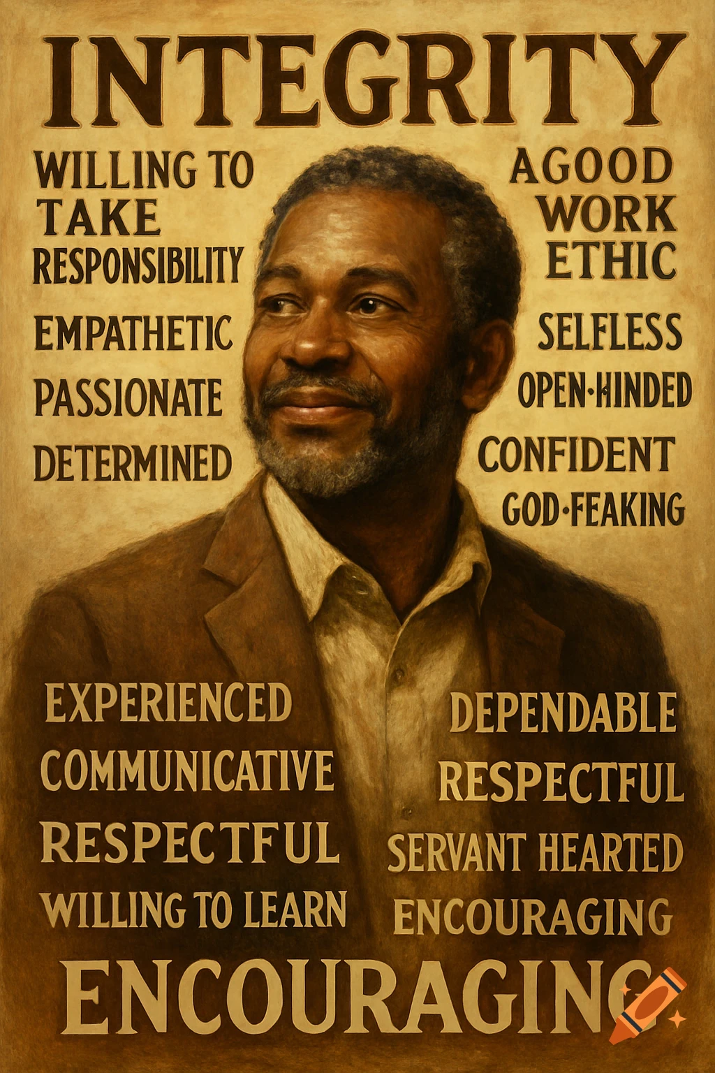 Portrait of a man surrounded by words like INTEGRITY, ENCOURAGING, RESPECTFUL, EMPATHETIC on a vintage-style background.