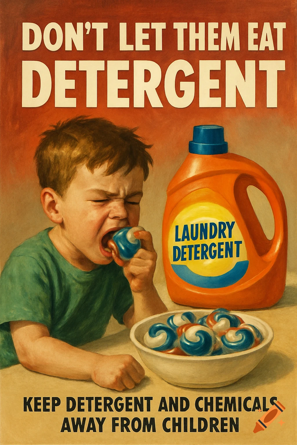 Vintage safety poster shows a child eating a laundry pod next to a detergent bottle.