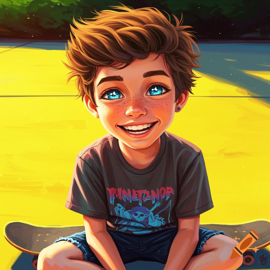 Cartoon portrait of a smiling boy with big blue eyes sitting on a skateboard.