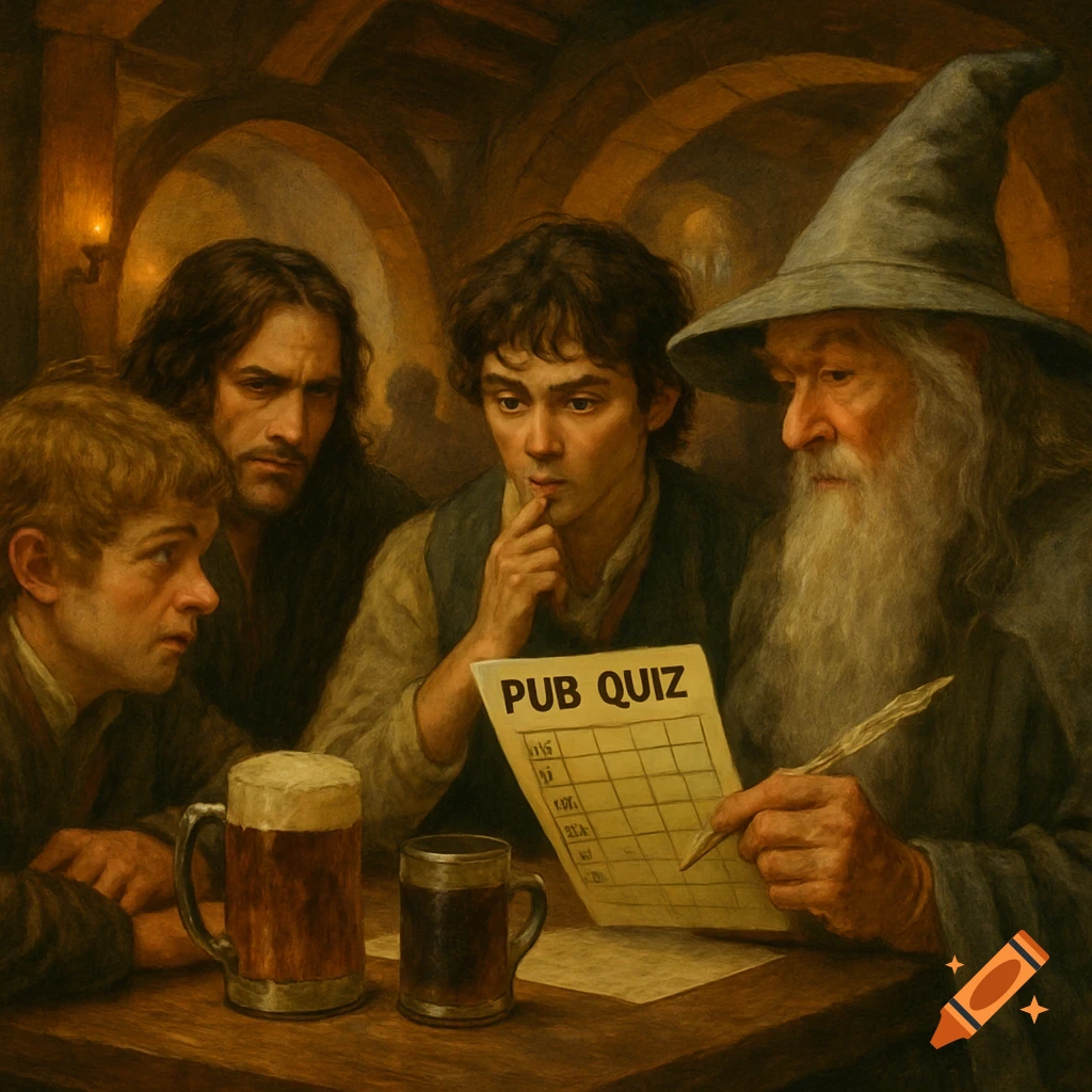 Lord of the Rings characters, including Gandalf and hobbits, ponder a pub quiz sheet at a table with drinks. Painterly style.