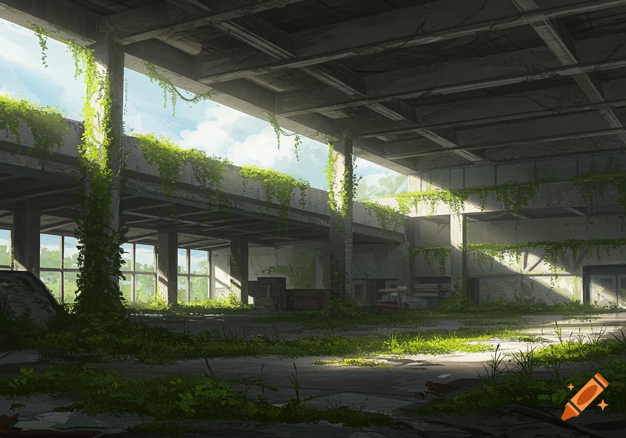 An abandoned building, possibly an airport, overgrown with vines and plants