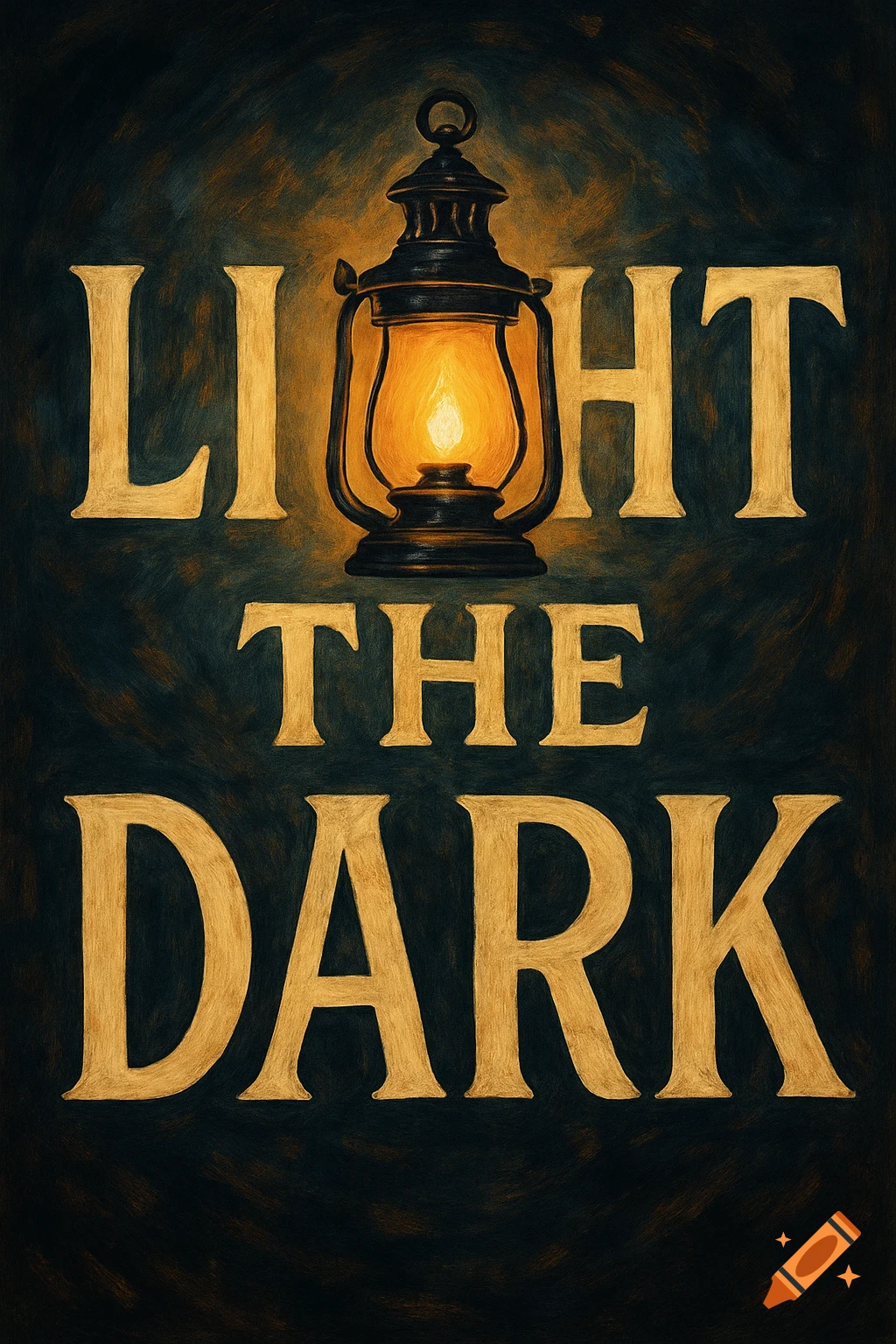 An illustration of a lit lantern replacing the 'i' in the golden words 'LIGHT THE DARK' against a dark background.