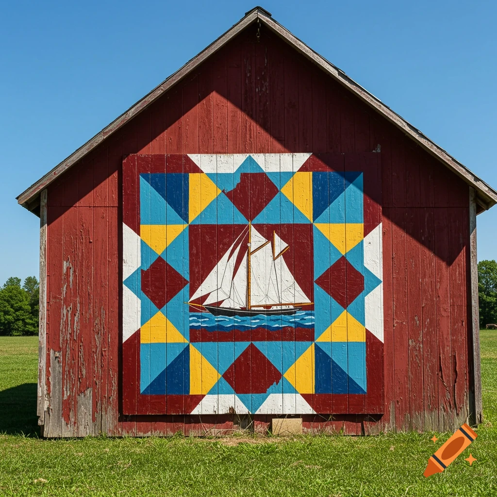 A red barn with a large quilt painting featuring a sailboat and geometric shapes.