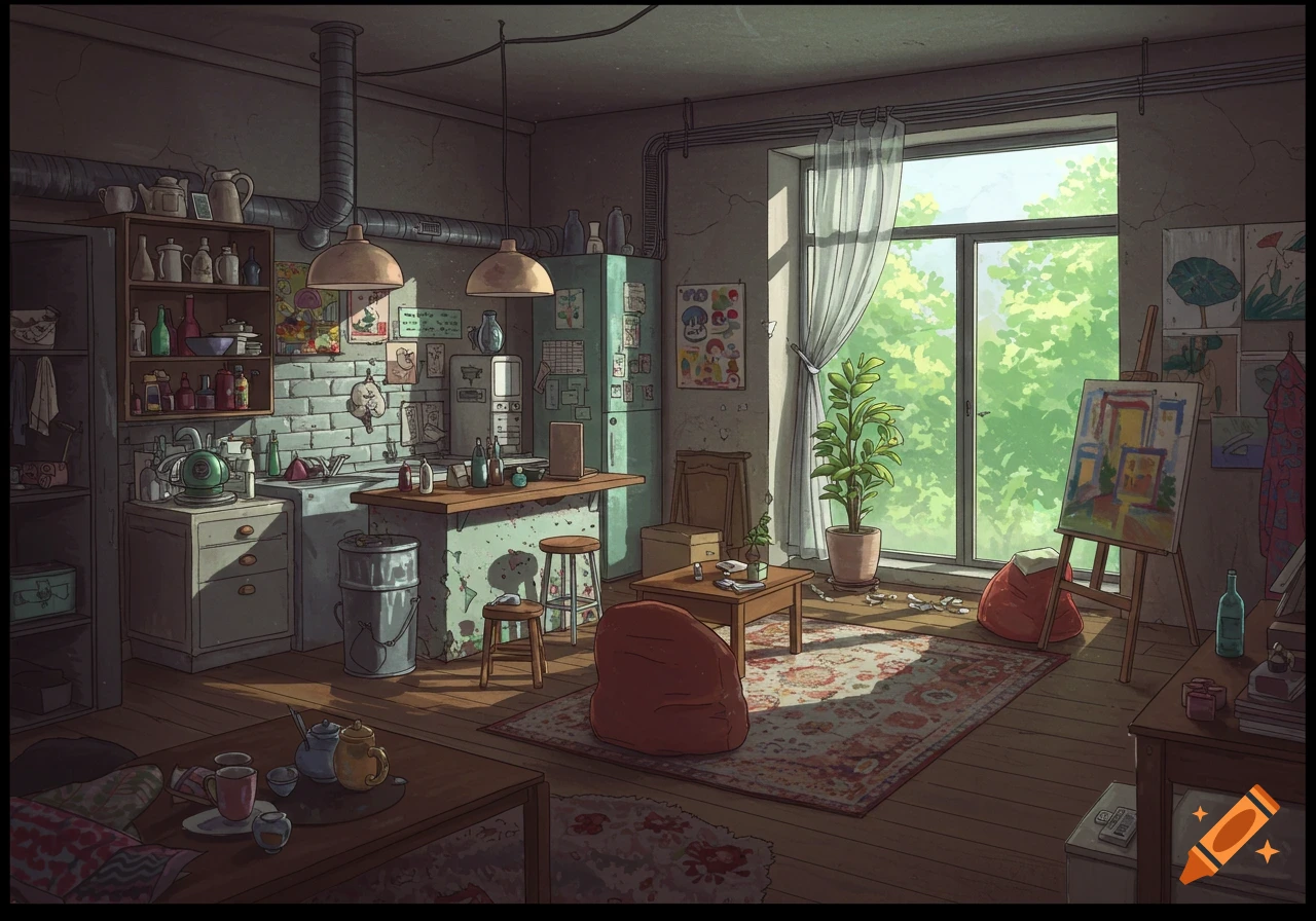 An illustrative interior of an art studio and cafe with an easel, beanbag chair, counter, and large window.