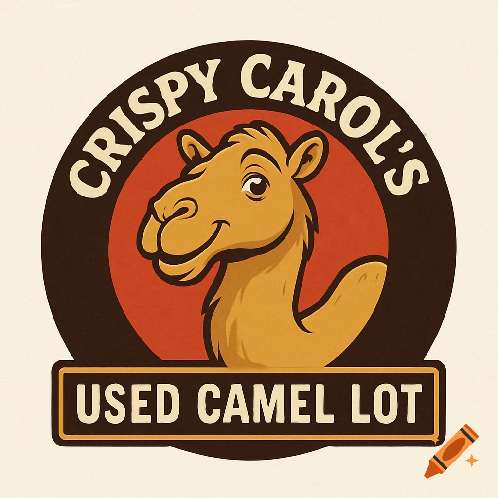 Logo featuring a cartoon camel with text reading "CRISPY CAROL'S USED CAMEL LOT".