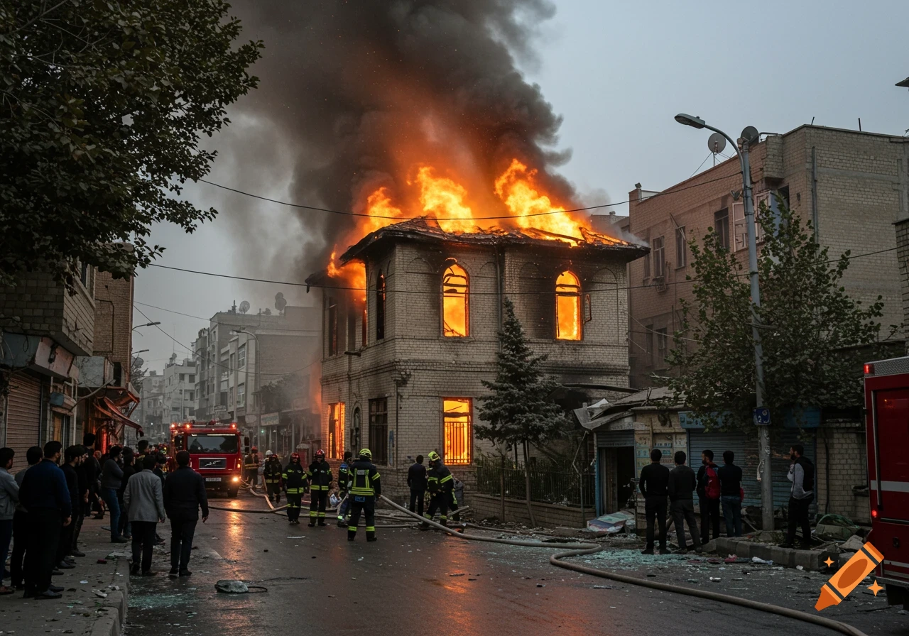 Photorealistic image of a building on fire on a street with firefighters and onlookers.