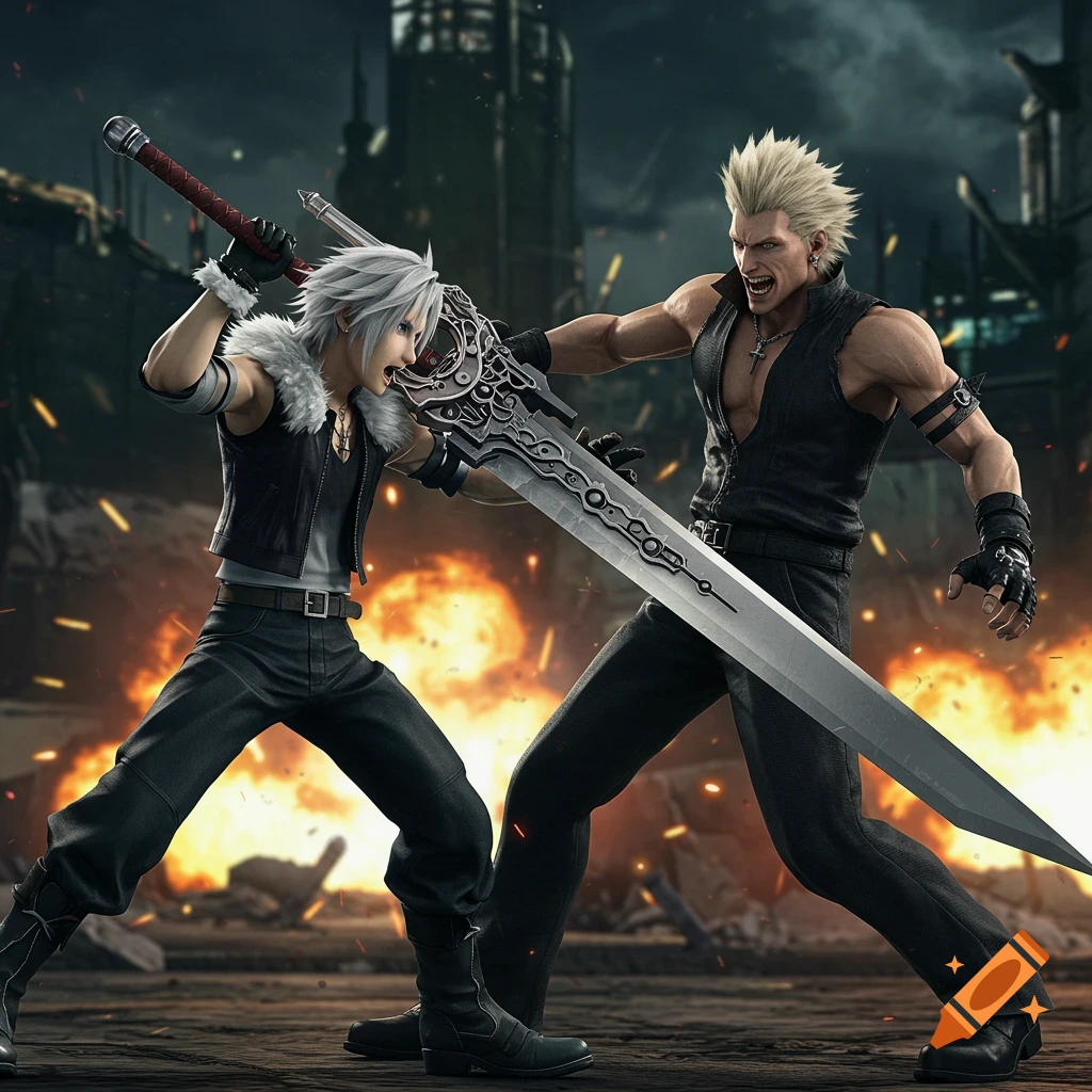 Squall Leonhart fighting Seifer with a large sword in a ruined city, 3D render