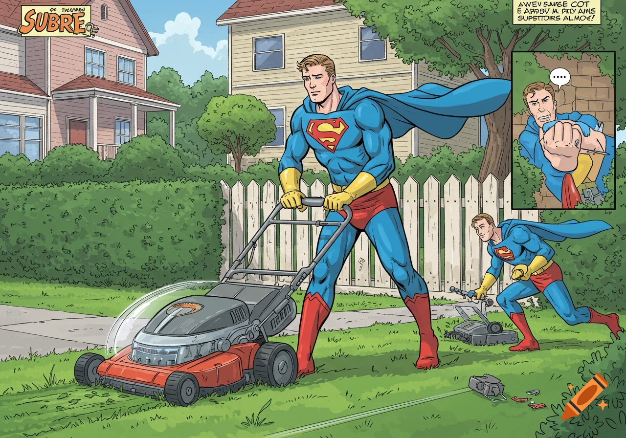 Superhero in comic style mows lawn while a smaller figure fixes a fence in a suburban neighborhood.