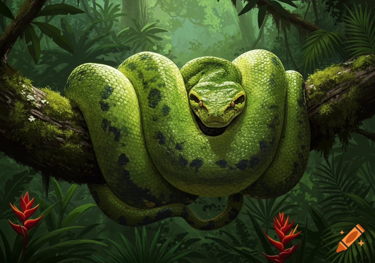 A large green snake with dark markings is coiled around a mossy tree branch in a dense jungle.