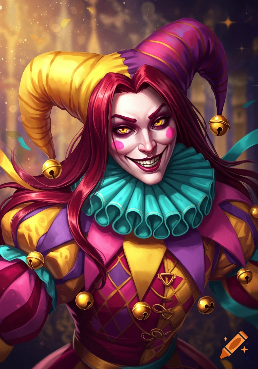 A sinister-looking jester character with long red hair, yellow eyes, and pink cheeks wears a colorful hat with bells and a ruffled collar.