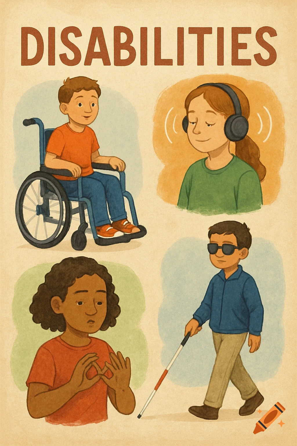 Illustration of four people with disabilities: wheelchair user, person with headphones, person signing, person with white cane, below the word DISABILITIES.