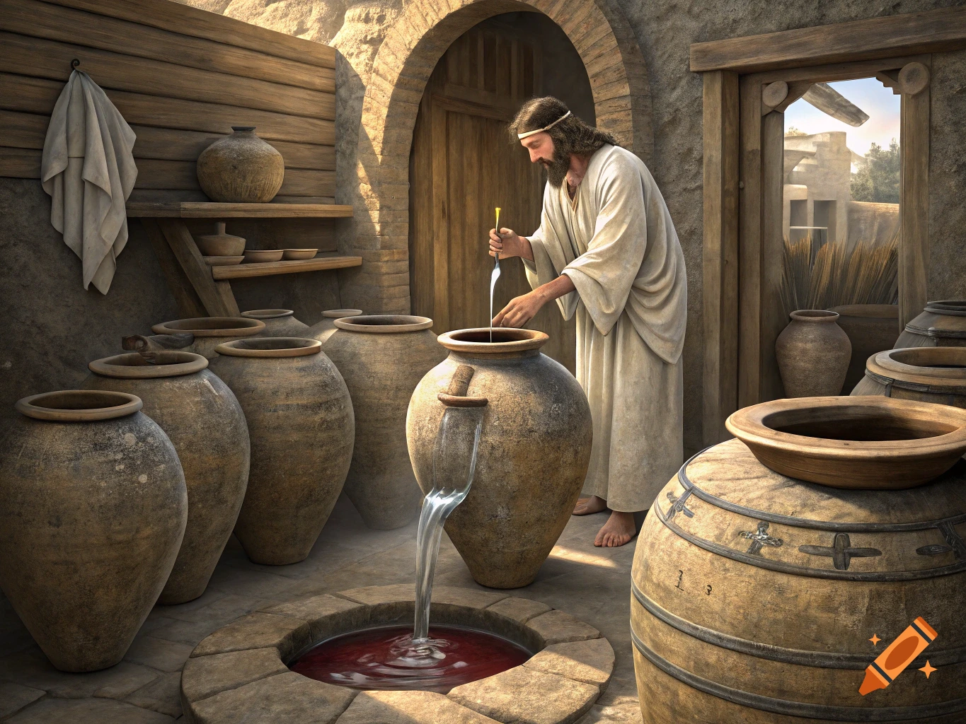 Figure in white robe performs a miracle with a large jar, surrounded by ancient pottery in a rustic room.