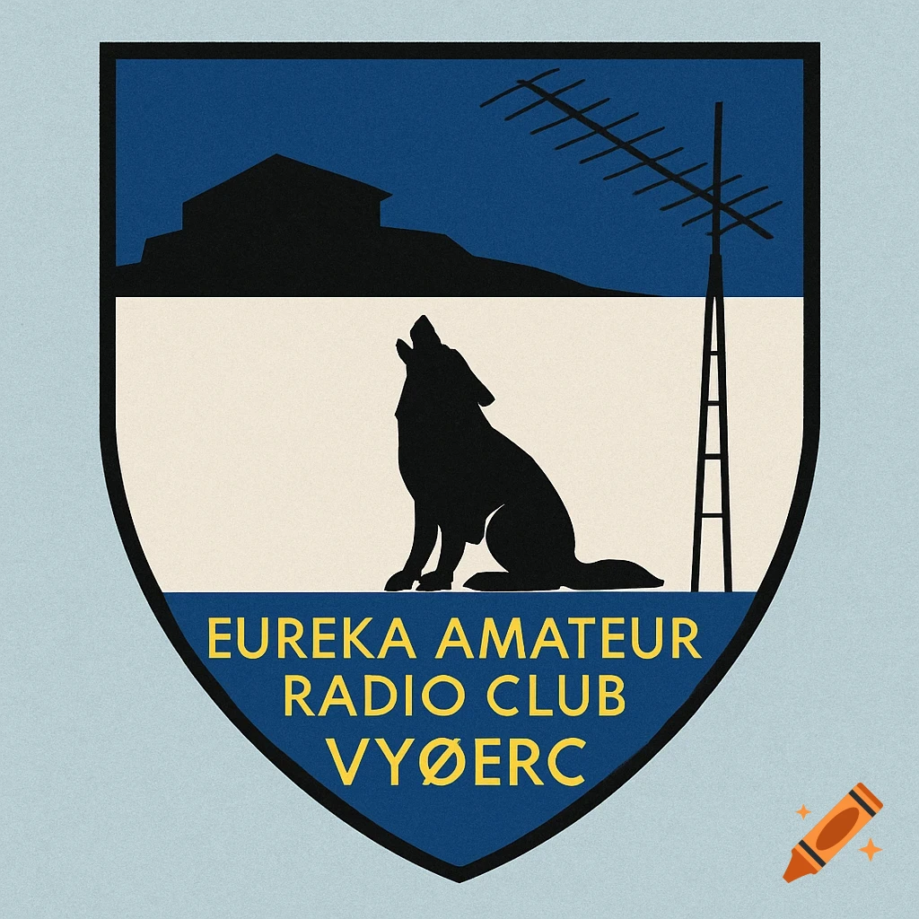 A coat of arms featuring a howling wolf, a building silhouette, and an antenna against a split blue and white background, with text at the bottom.