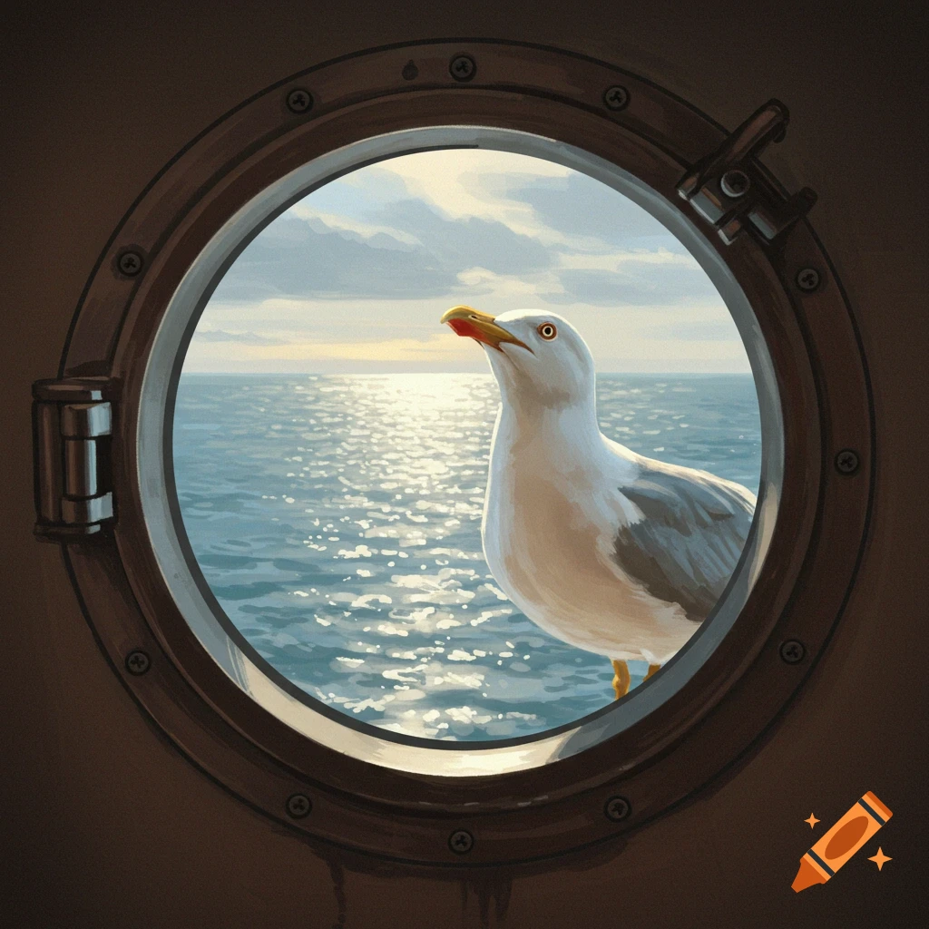 A seagull looks through a round porthole at the sea and sky.
