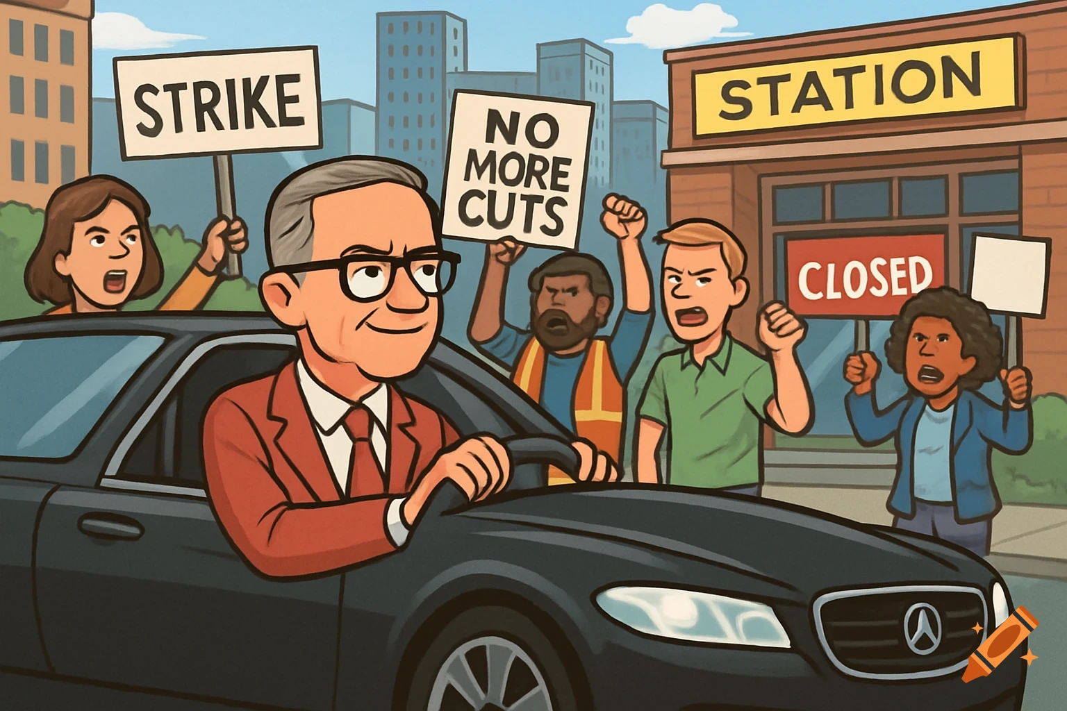 Cartoon of a man in a suit driving a car past angry protesters with ...