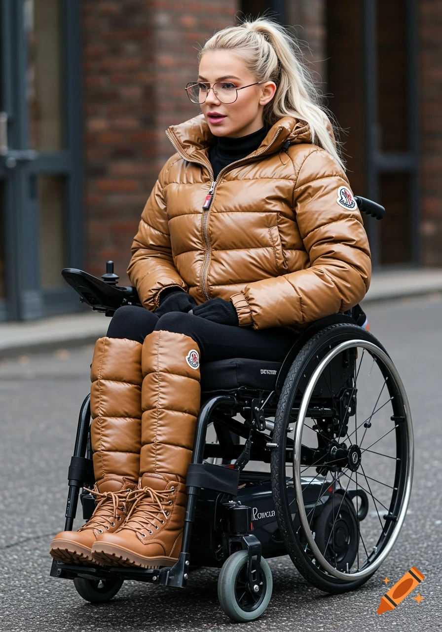 A woman in a brown puffer jacket and boots sits in a wheelchair on a street. She has blonde hair in a ponytail and glasses.