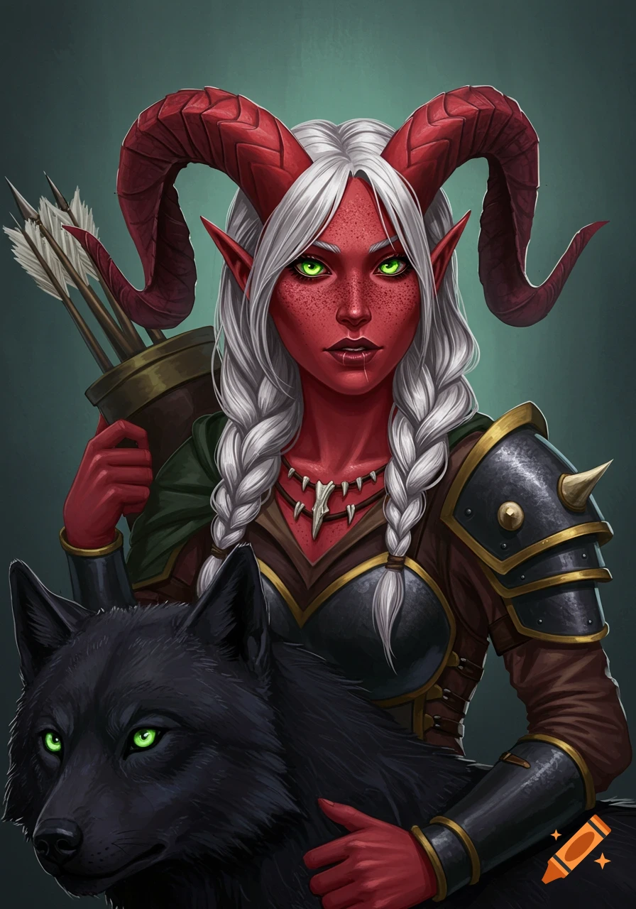 Portrait of a red-skinned tiefling woman with ram horns and a black wolf companion.