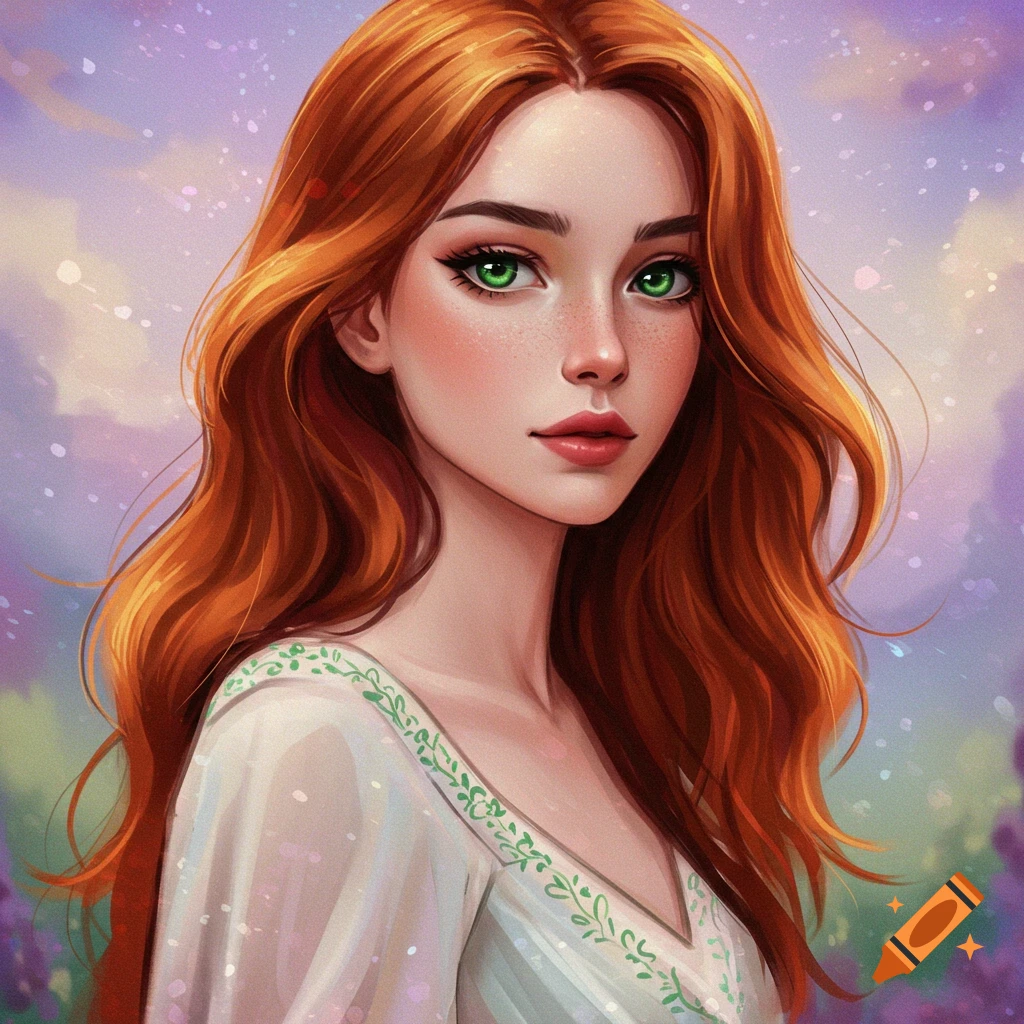Stylized portrait of a young woman with flowing red hair and vibrant ...