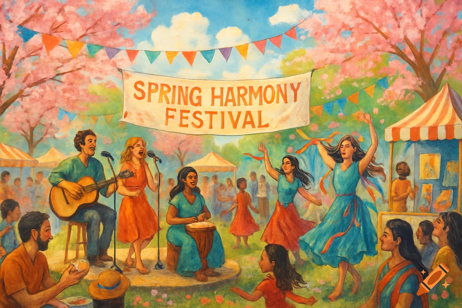 A vibrant painting of a spring festival with people playing music, dancing, and gathering under cherry blossom trees.
